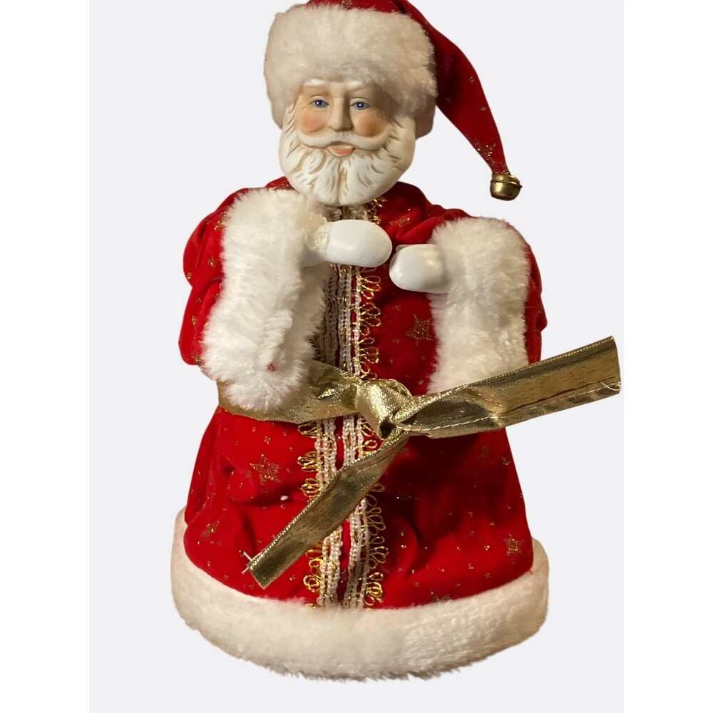 Santa Claus Christmas Tree Topper With Gold Colored Ribbon and Red Outfit